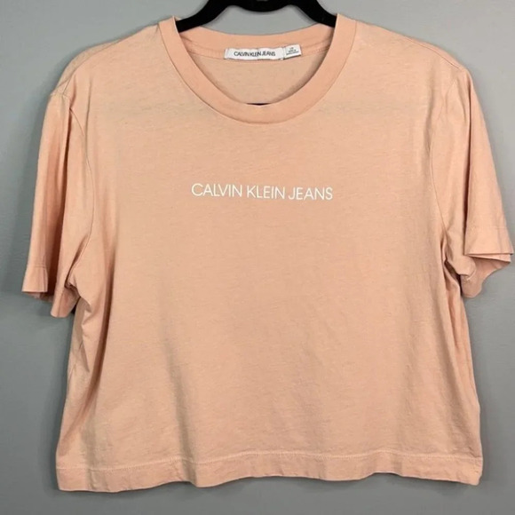 CALVIN KLEIN Crop T-Shirt Peach Pink Graphic Logo Short Sleeve Crew Baddie L - Picture 10 of 11